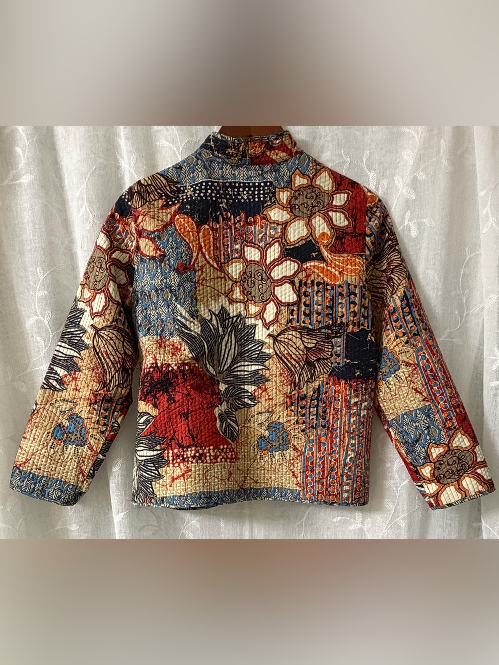 Printed Patchwork Open-Front Jacket - Blue & Red Reversible Small - Picture 2 of 6